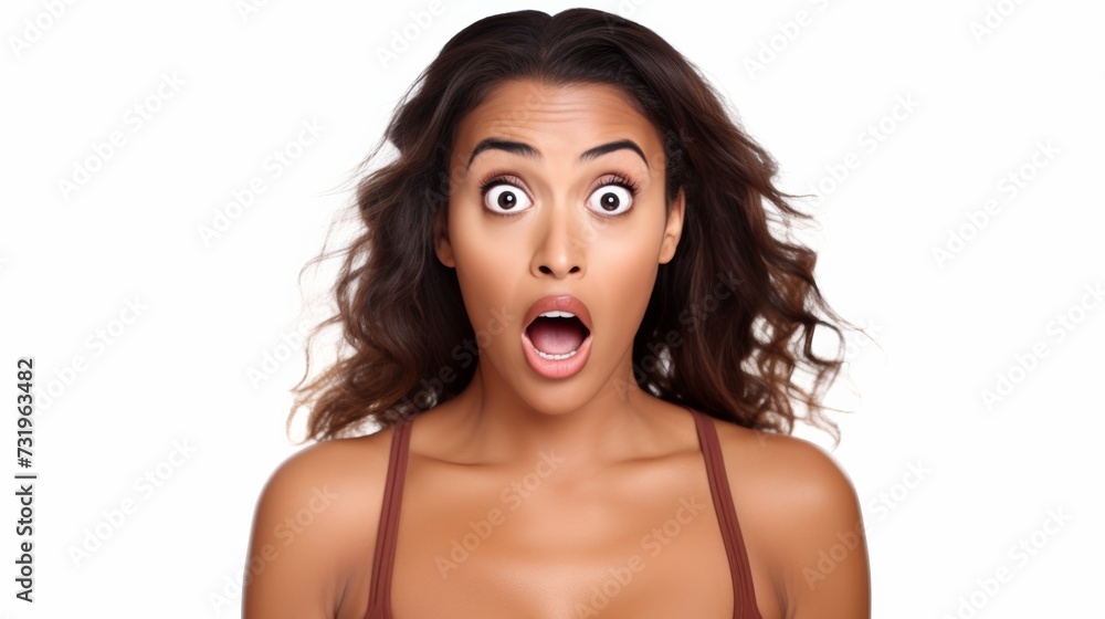 Naklejka premium beautiful woman exited surprise face expression . female feels shocked. exciting smile and happy adorable rejoices. Very enjoy and fun relax time. wow, girl holding smartphone. Smile