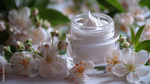 whitening and moisturizing Face cream in an open glass jar and flowers on white background. Set for spa, skin care and body products and solutions for skin problems such as scars, acne, wrinkles.