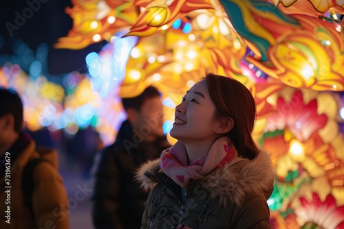 Taiwan Lantern Festival , Show visitors from around the world marveling at the lanterns, highlighting the festival's international appeal and cultural exchange.
