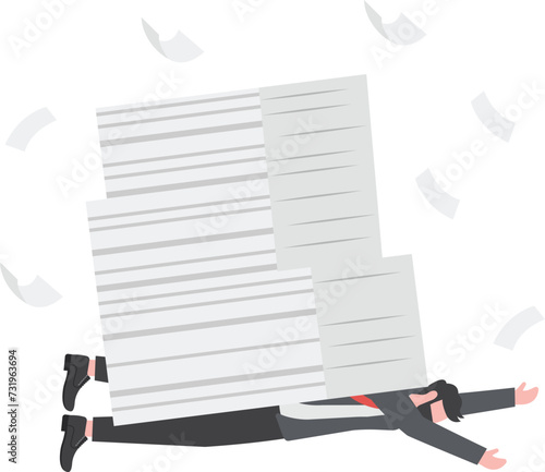 Overwork and overload work make employee exhausted and stressed leads to depression, burnout and low efficiency, fatigue business woman buried under pile of paperwork or unfinished work near deadline.