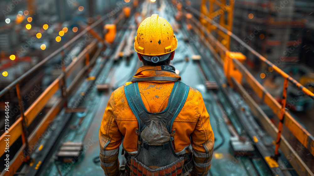 back view of male worker in orange work clothes and safety helmet watching large-scale construction back view of male worker in orange work clothes and safety helmet watching large-scale construction
