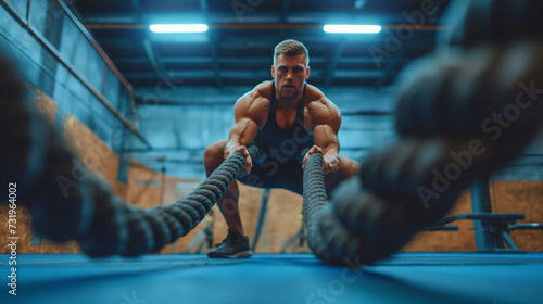 pumped-up athlete, a man who does crossfit, namely exercise with two ropes, on his face you can see all the difficulty of the exercise and motivated concentration on it to achieve the desired result photo