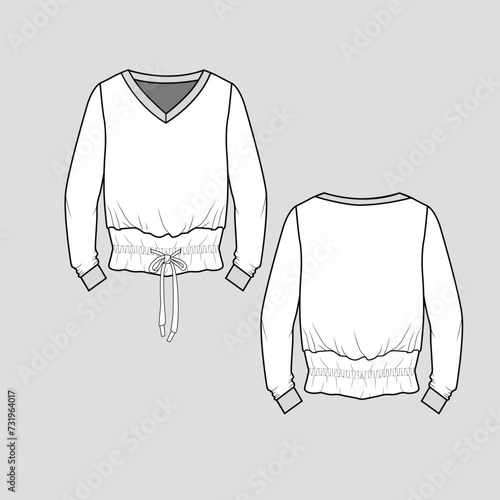 Knotted Tunnel hem sweat shirt ribbed cuffs gathering knot tie hem long sleeve fashion Flat Sketch technical drawing template design vector