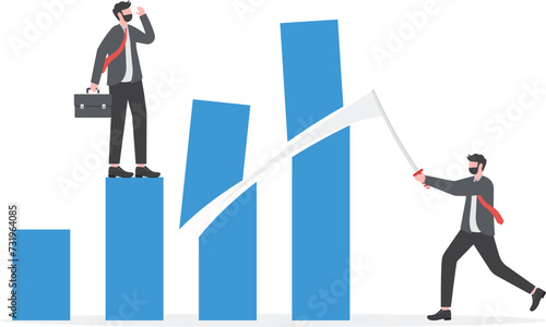 Hinder the interests of doing business.Businessman trying to use samurai knife to stop success

