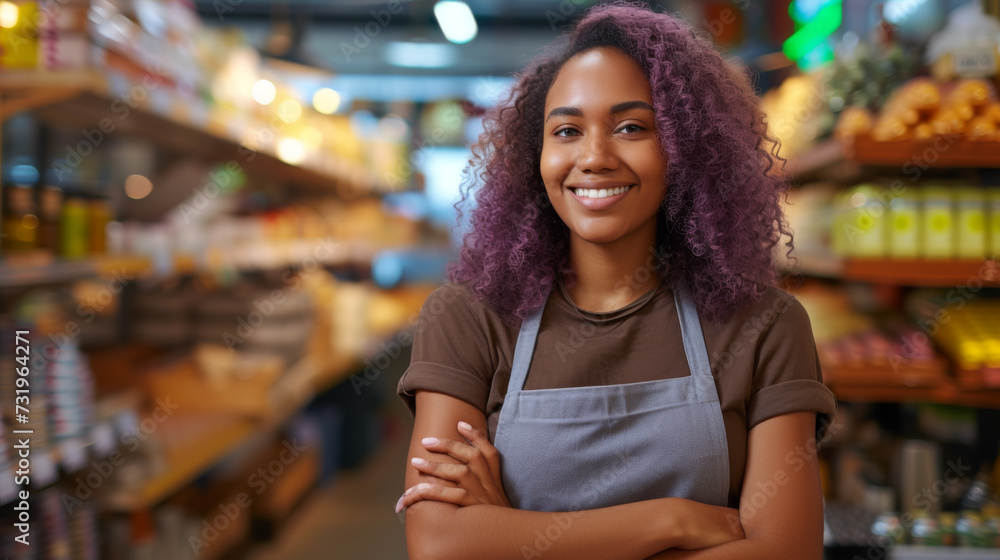 A cheerful supermarket employee in an apron stands smiling in the store, embodying friendly customer service amidst the grocery aisles. A cheerful supermarket employee in an apron stands smiling in the store, embodying friendly customer service amidst the grocery aisles.