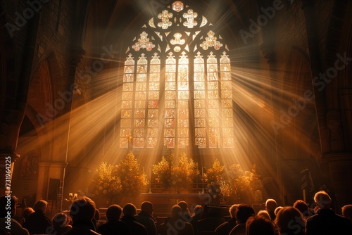 Sunlight streams through stained glass windows as parishioners gather for Easter Sunday service, the air filled with hymns of praise and reverence as they celebrate the resurrection of Jesus photo