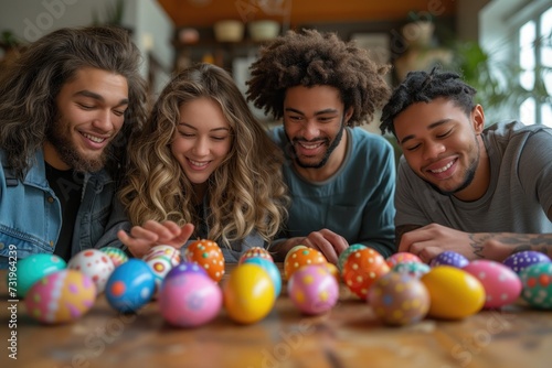 Decorating Eggs  A group of friends or family members sits around a table  meticulously decorating Easter eggs with vibrant colors  glitter  and intricate designs  showcasing their creativity and arti