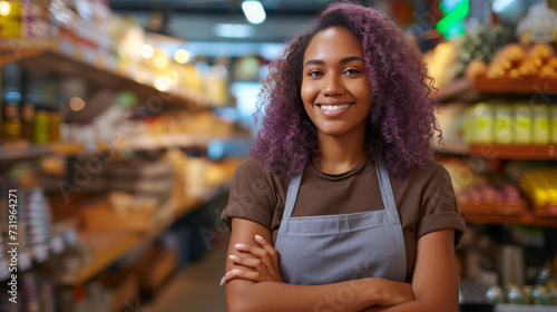Wallpaper Mural A cheerful supermarket employee in an apron stands smiling in the store, embodying friendly customer service amidst the grocery aisles. Torontodigital.ca