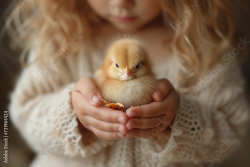 Chick in a Child's Hands: A heartwarming photo of a child gently cradling a soft and fluffy chick in their hands, showcasing the innocence and tenderness associated with Easter and new life