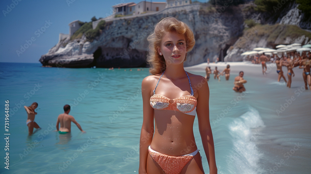 Obraz premium Young lady in color photograph, Tropea Beach, Italy, 1970s.