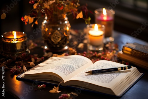 Open book with a candle and autumnal decor creating a cozy reading nook © Ihor