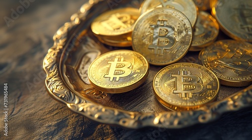 Bitcoins on Golden Plate on Wooden Table in