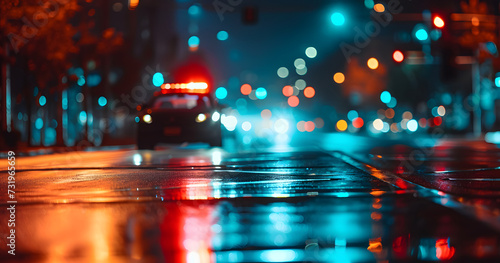 defocused police car with flashing lights at night in city street, low angle view. Neural network generated image. Not based on any actual person or scene. © lucky pics