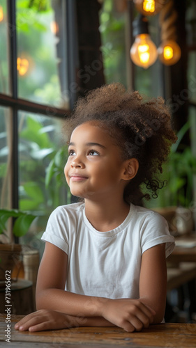 African girl in white t-shirt and jeans sitting at table at modern cafe.