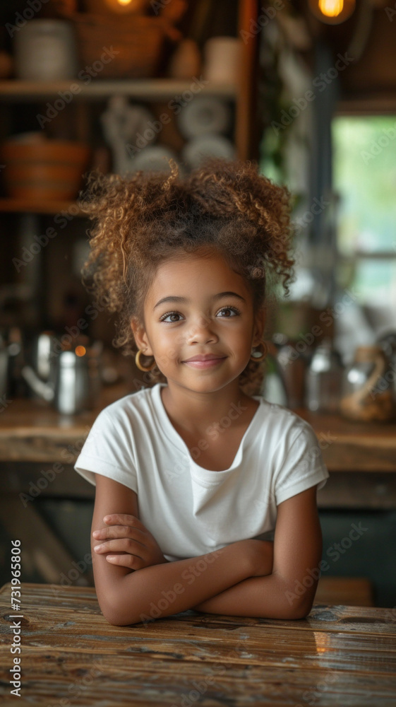 African girl in white t-shirt and jeans sitting at table at modern cafe. African girl in white t-shirt and jeans sitting at table at modern cafe.