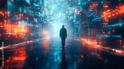  a man walks in a futuristic city  datamoshing  atmospheric light  dark turquoise and light red  ethereal images