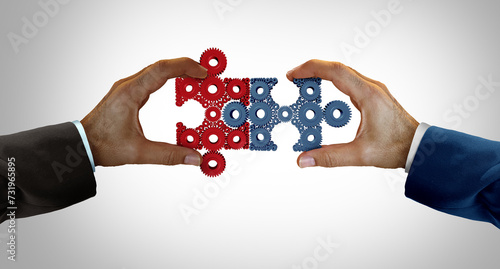 Business Partners Connection Success as a perfect corporate match representing economic partnership for financial success by merging and uniting technologies together. photo