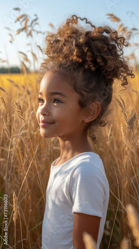 African girl in white t-shirt and jeans on background summer field.
