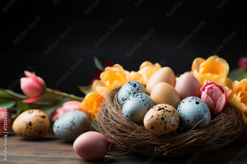 Easter painted eggs in nest and tulip flowers for festive holiday on dark background. Greeting card with copy space. View from above. Banner. Easter painted eggs in nest and tulip flowers for festive holiday on dark background. Greeting card with copy space. View from above. Banner.
