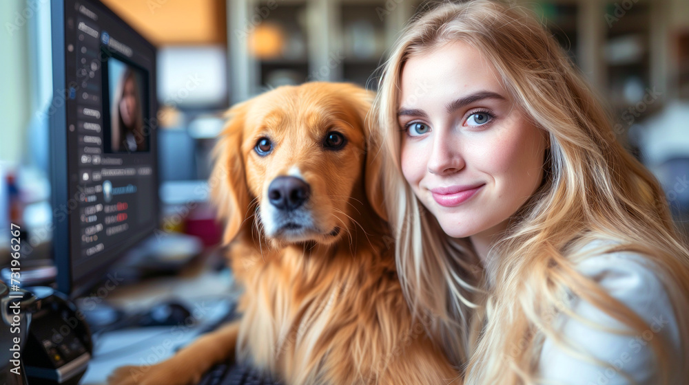young woman and a golden retriever dog are together near a computer, both looking towards the camera