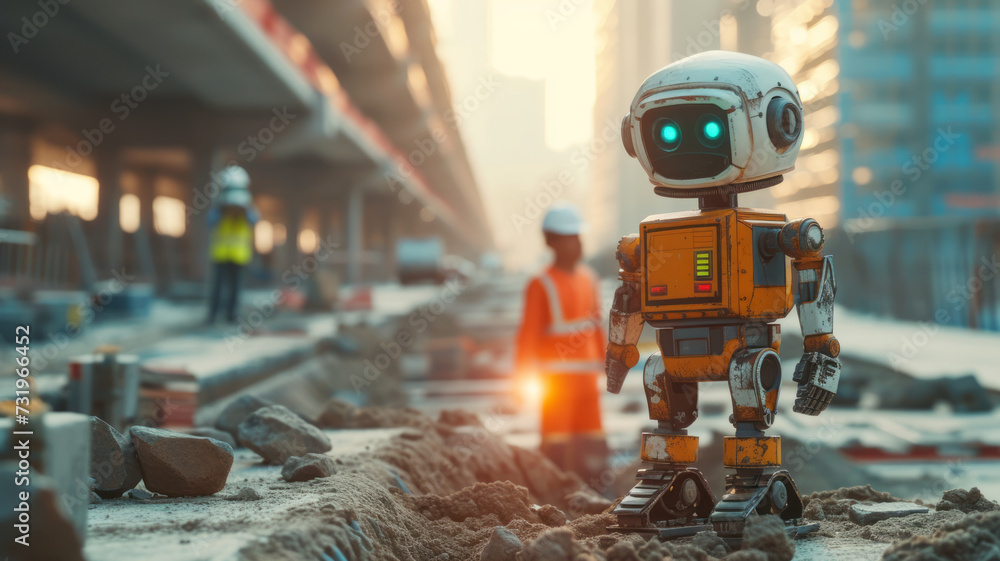 sci fi robot engineer and a man inspection construction work with a robot worker and construction site,generative ai sci fi robot engineer and a man inspection construction work with a robot worker and construction site,generative ai