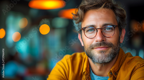 a handsome man with glasses looking into the camera sitting at a restaurant, human connection, close-up, colorful portraits, youthful energy photo