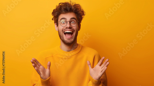 Smiling young man in yellow sweater, standing in front of yellow background, lively facial expressions photo