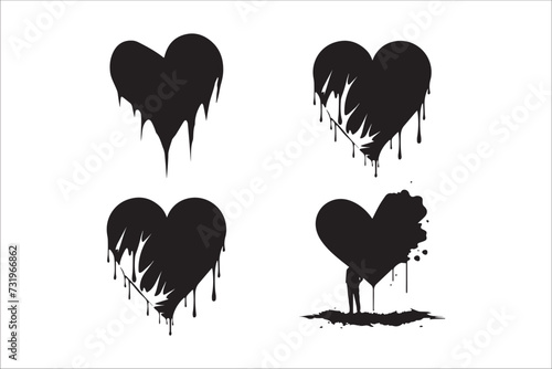 Broken heart gothic vector Silhouette set, love sign gothic Silhouette and cracked grunge Silhouette shapes.