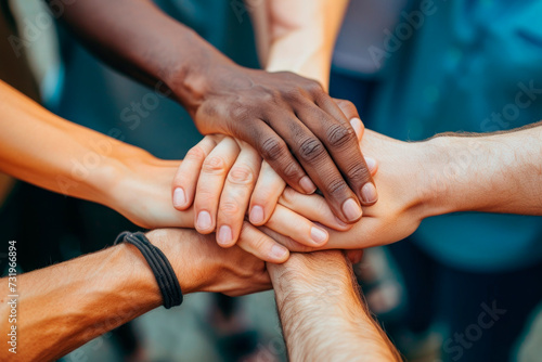 close up of a group of people of different ethnicities holding hands in brotherhood photo