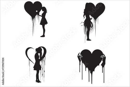 Broken heart gothic vector Silhouette set, love sign gothic Silhouette and cracked grunge Silhouette shapes.