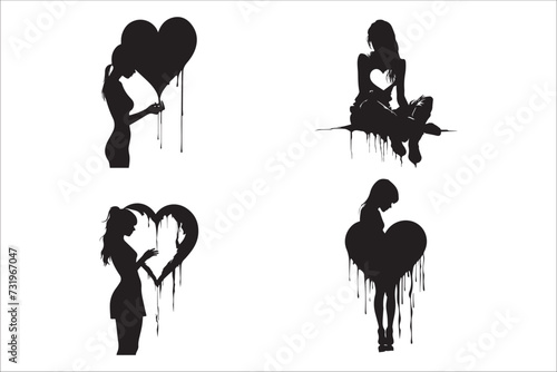 Broken heart gothic vector Silhouette set, love sign gothic Silhouette and cracked grunge Silhouette shapes.