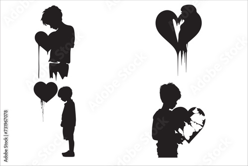 Broken heart gothic vector Silhouette set, love sign gothic Silhouette and cracked grunge Silhouette shapes.