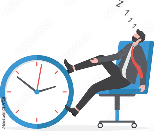 Afternoon slump, laziness and procrastination postpone work to do later, boredom and sleepy work concept, businessman sleeping lay down on office chair and alarm clock covered his face with book.

