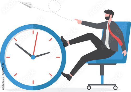 Productivity and efficiency in work, procrastination or time management or project deadline, best performance employee concept, smart relax businessman sitting on alarm clock launching paper airplane.