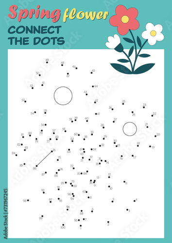  Connect the dots from 1 to 100 and color. Spring educational game with spring flower. Fun math puzzle activities for kids. Printable vector worksheet activity for children. 