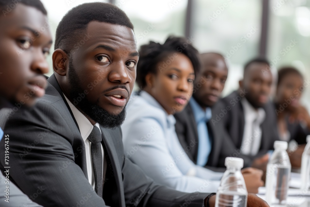 Obraz premium Intense business meeting with African professionals, strategic focus, executive discussion, decision-making, collaboration. African business executives in deep discussion, corporate strategy
