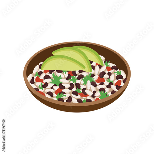 Rice with avocado and black beans vegan dish 