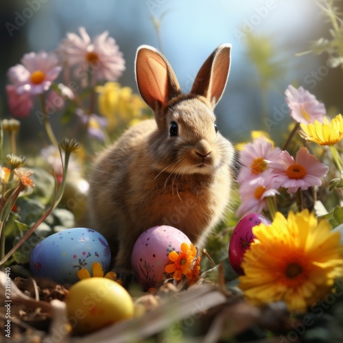 fluffy easter bunny. easter concept image. bright colors. sunlight. 