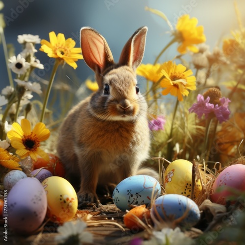 fluffy easter bunny. easter concept image. bright colors. sunlight. 