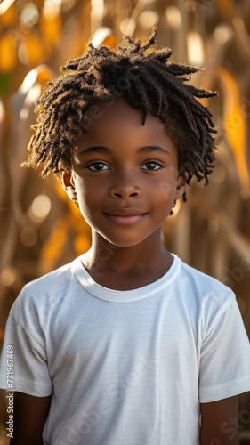 African boy in white t-shirt and jeans on background summer field.