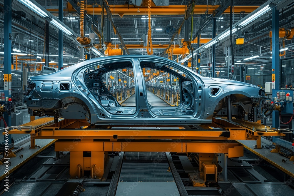 Production process In an electric car factory, Metallic car body on factory assembly line with industrial robots in automobile production facility. Shiny car structure on conveyor surrounded Production process In an electric car factory, Metallic car body on factory assembly line with industrial robots in automobile production facility. Shiny car structure on conveyor surrounded