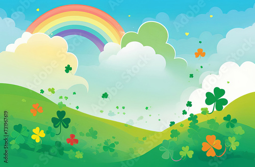 Field of clover and rainbow on a cloudy sky