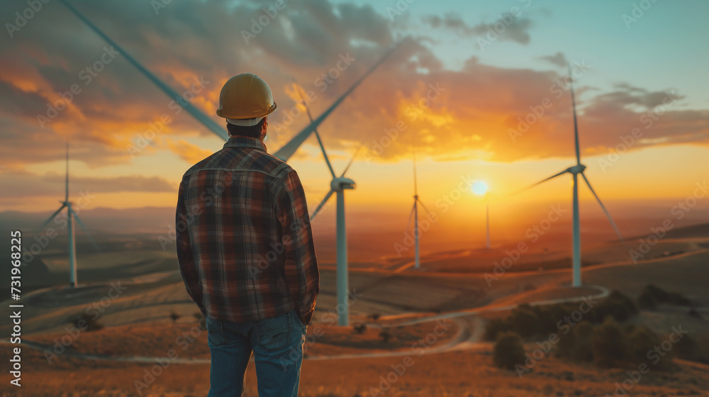 back view of male engineer in hard hat looking at valley with many wind power generators at sunset or sunrise back view of male engineer in hard hat looking at valley with many wind power generators at sunset or sunrise
