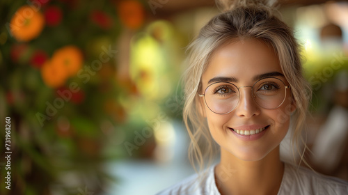 portrait of a beautiful young blonde woman in glasses on the background of a spacious terrace with flowers, spring lightness and psychological and physical health