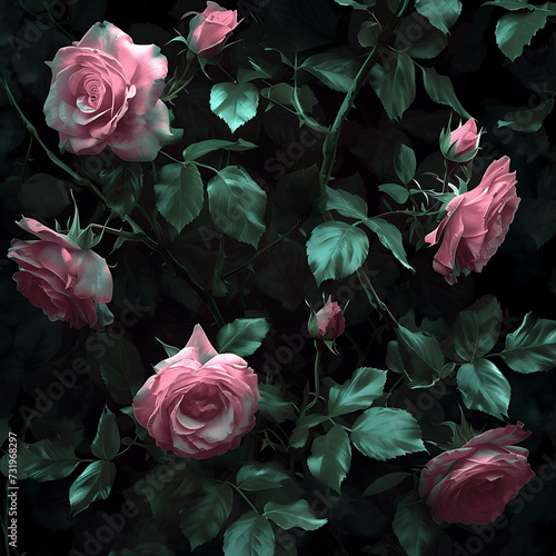 pink roses are shown on a black background iny photo