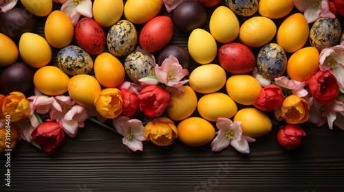 colorful easter background with tulips on wooden board. find similar images with different formats in my portfolio.  photo