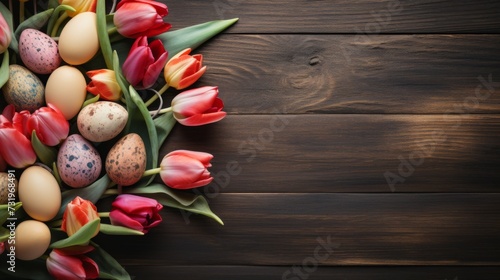 colorful easter background with tulips on wooden board. find similar images with different formats in my portfolio.  photo