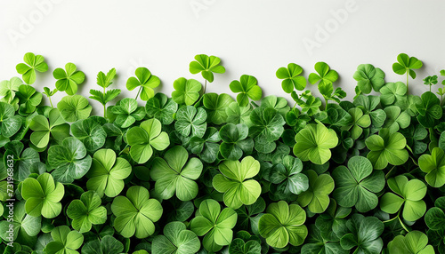 Four leaf clovers on white background, Realistic natural leaves natural background, little green trefoil, symbol of st. patrick's day. Isolated on white background.