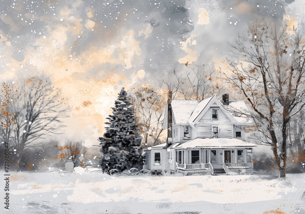 snowy evening at a cozy cottage in a tranquil winter landscape, where warmth and serenity embrace the surroundings
