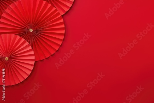 Chinese new year festival decoration  red paper fans flat lay top view